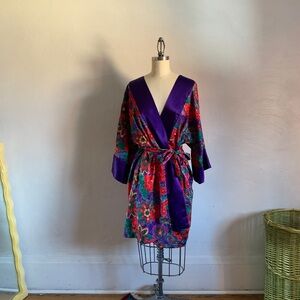 Vintage Mini Wrap Robe Rich Jewel Tone Paisley Novelty Print Maximalist Lounge